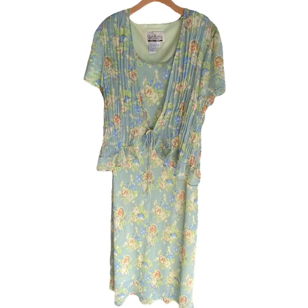 Vintage long flowing floral sage green sleeveless dress with cover jacket.